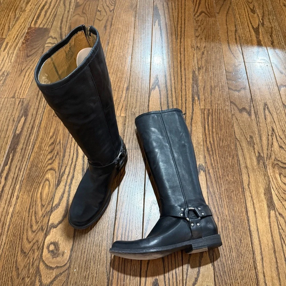 FRYE phillip harness knee high boots in black- Size 8.5